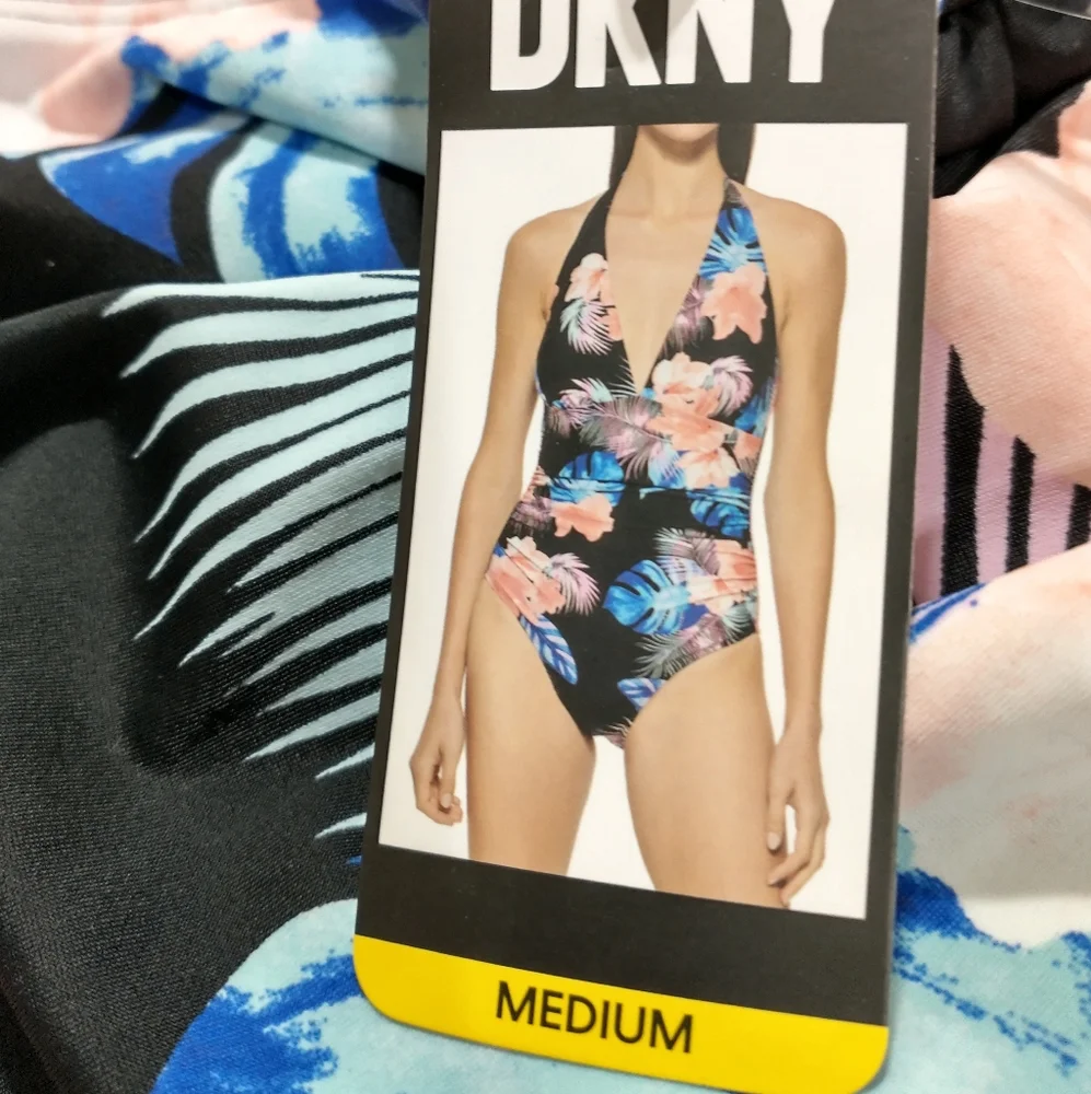 NWT DKNY Black Floral Halter Tie Swimsuit Medium - Picture 4 of 9